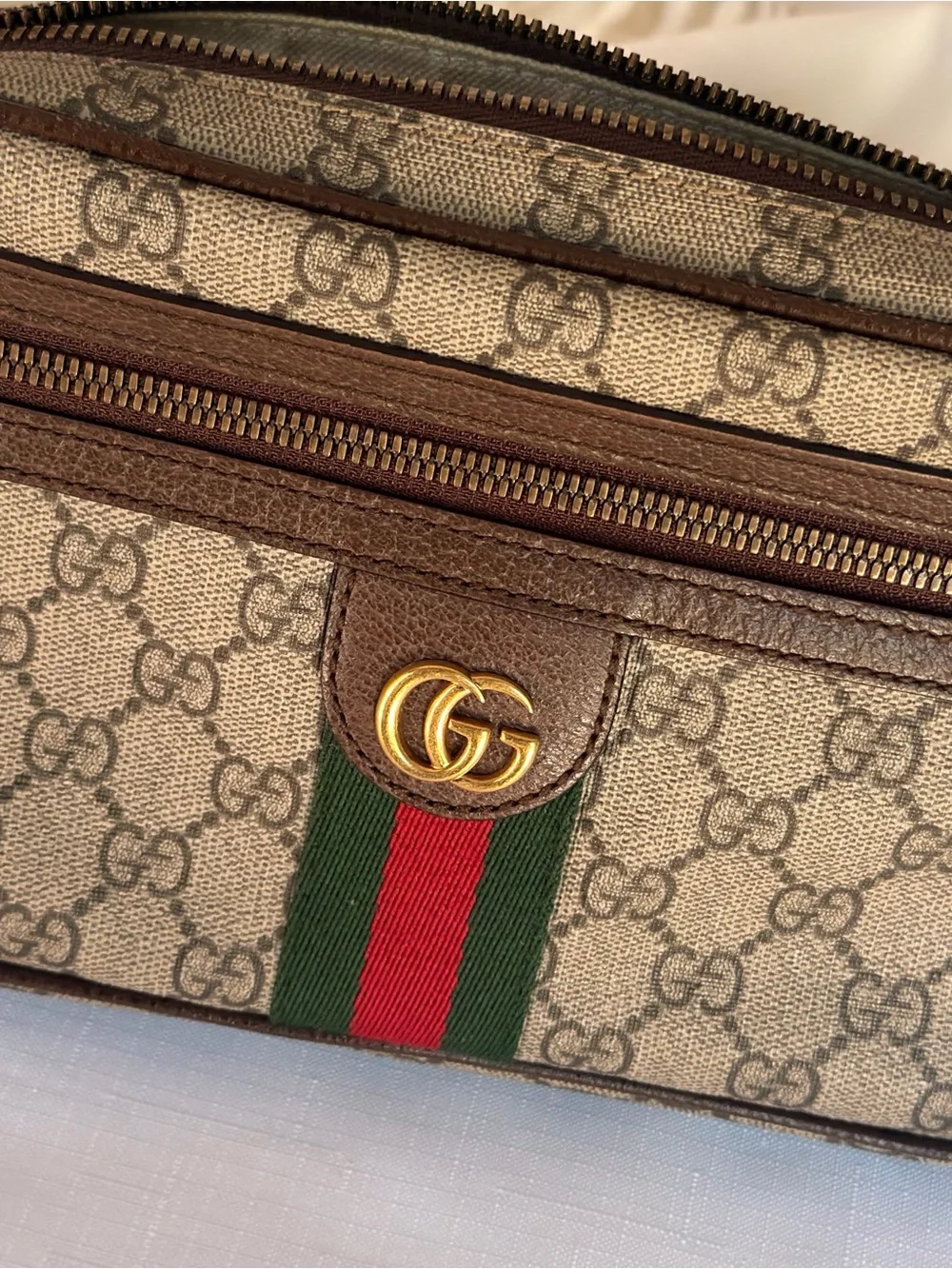 Gucci Brown & Beige GG Canvas Belt Bag with Green-Red
